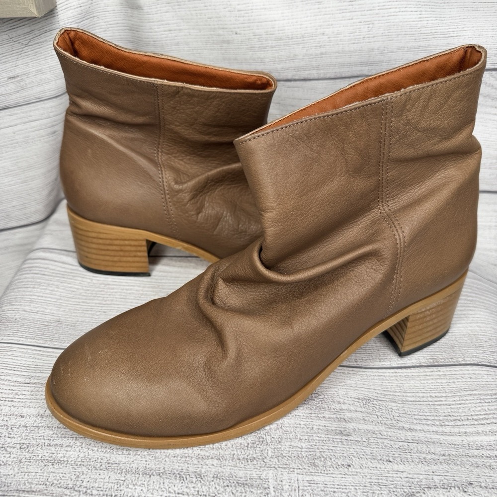 Anthropologie‎ Maia Honey Ankle Boots Brown Leather Ruched Block Heel 41 US 10.5